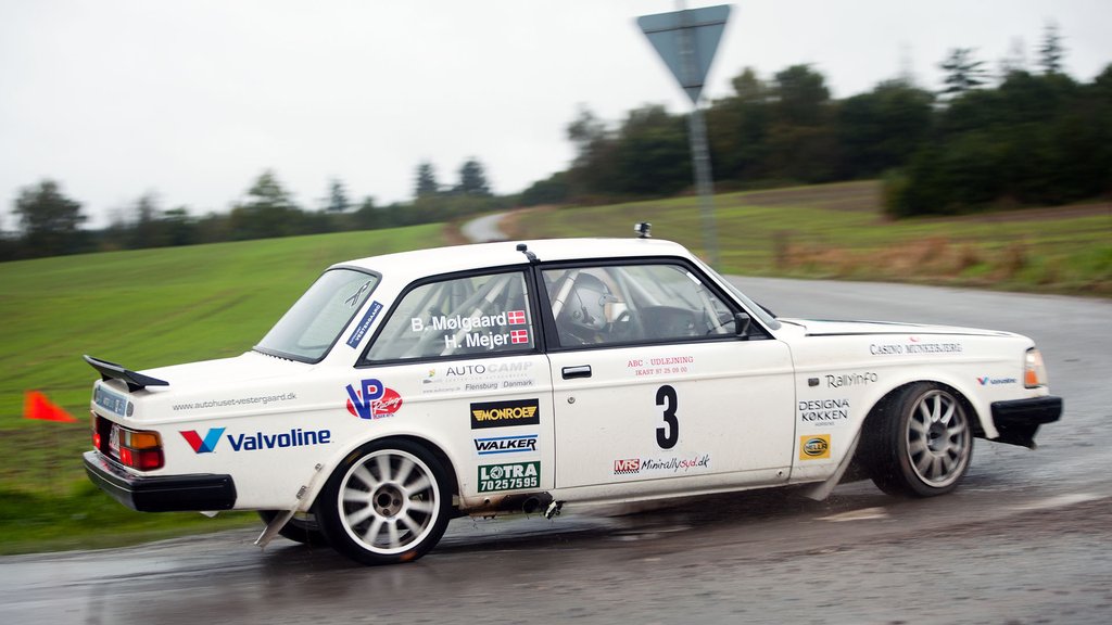 Heino Mejer og Bo Mølgaard havde godt fat i asfalten, trods det våde vej
(Foto: rallypics.dk, viggo johansen)
